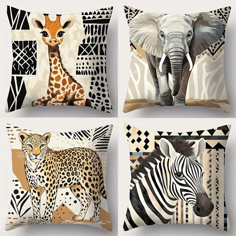 Double-Sided Printed Pillow Covers, Giraffe Elephant Leopard Zebra Art Decorative Throw Pillow Cases, Tribal Boho Home Decor