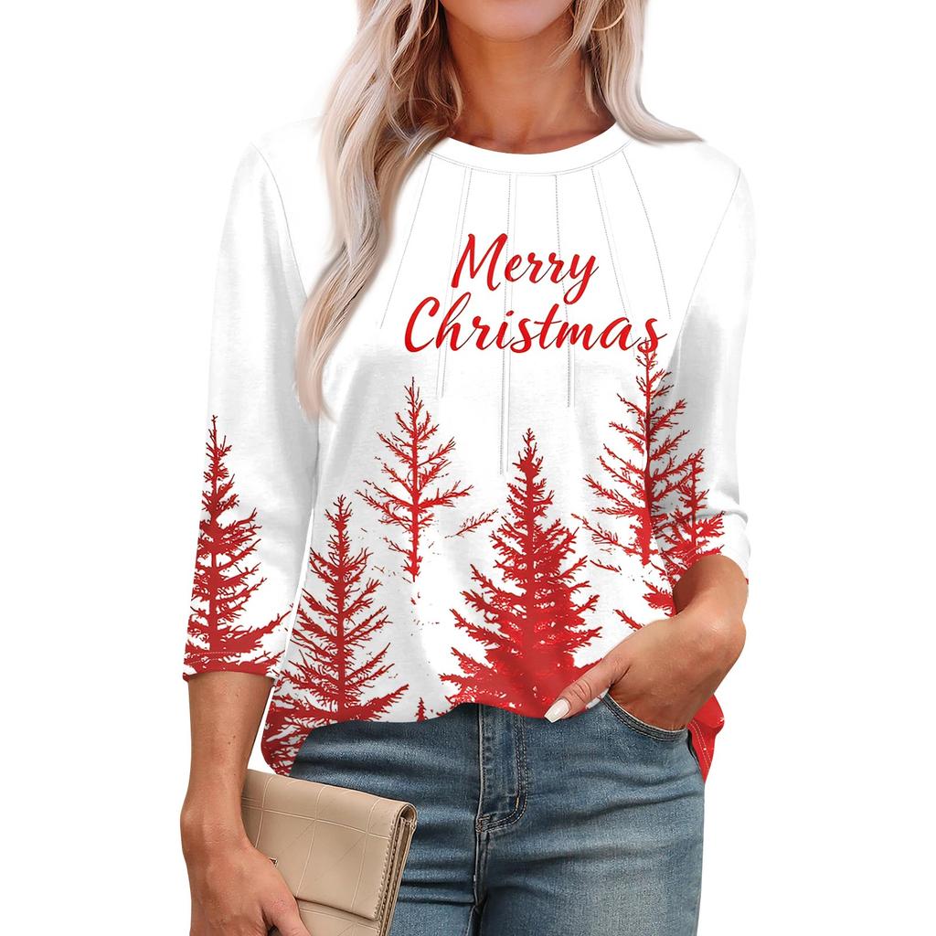 Женская модная футболка с круглым вырезом и рукавом 3/4 с рождественскими принтами, повседневная базовая плиссированная футболка-пуловер