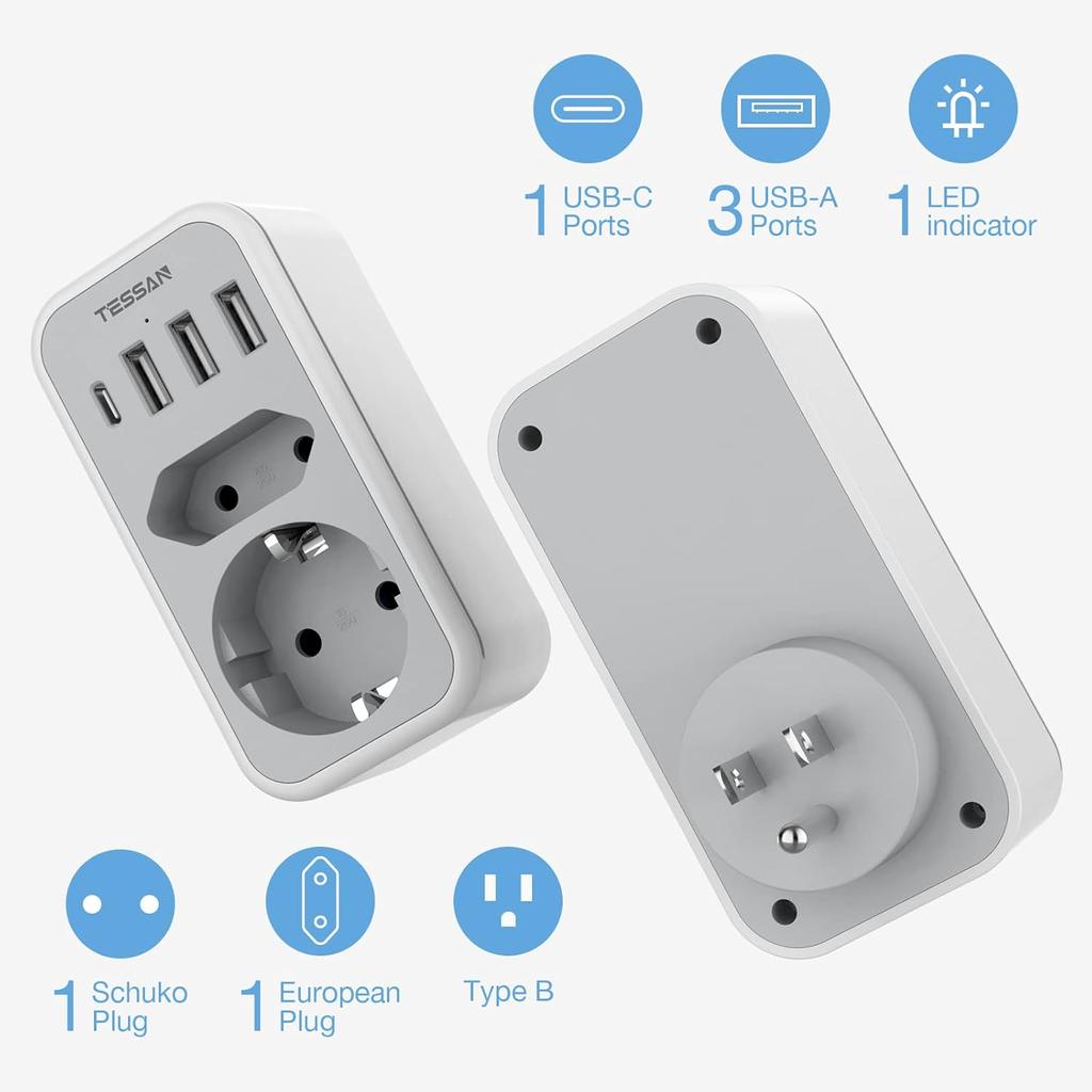 Tessan Socket Adapter USA Canada France with 3 USB and 1 USB C,Socket Adapter EU To USA, Socket Adapter EU To Canada Mexique Thailande,Type B