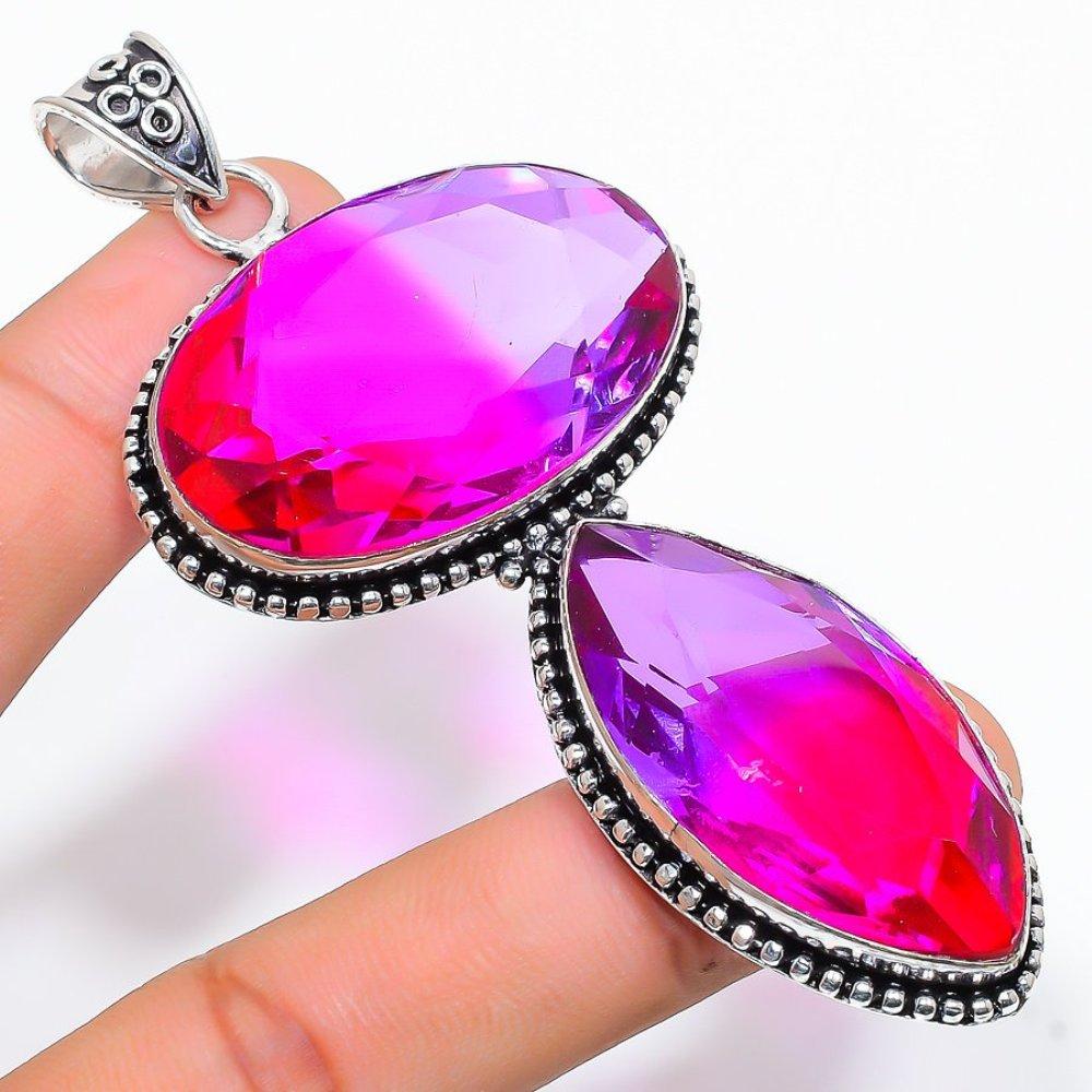 Bi-Color Tourmaline Gemstone Handmade 925 Sterling Silver Pendant 3.55" D4M93