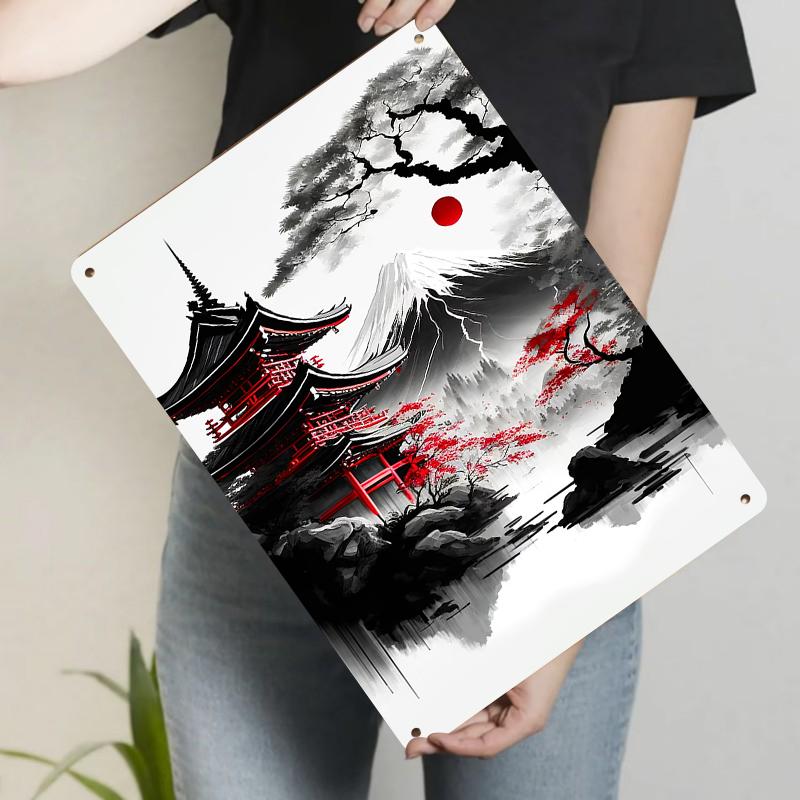 Japanese Traditional Red Temple Fuji Mountain Metal Wall Art Ink Painting Style Iron Decor for Home Office