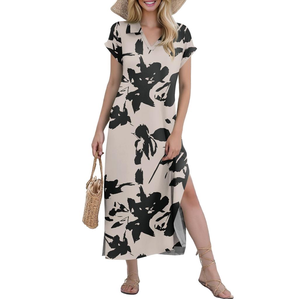 Женские повседневные удобные платья с V-образным вырезом, свободным подолом с разрезом, короткими рукавами, с цветочным принтом, длинные