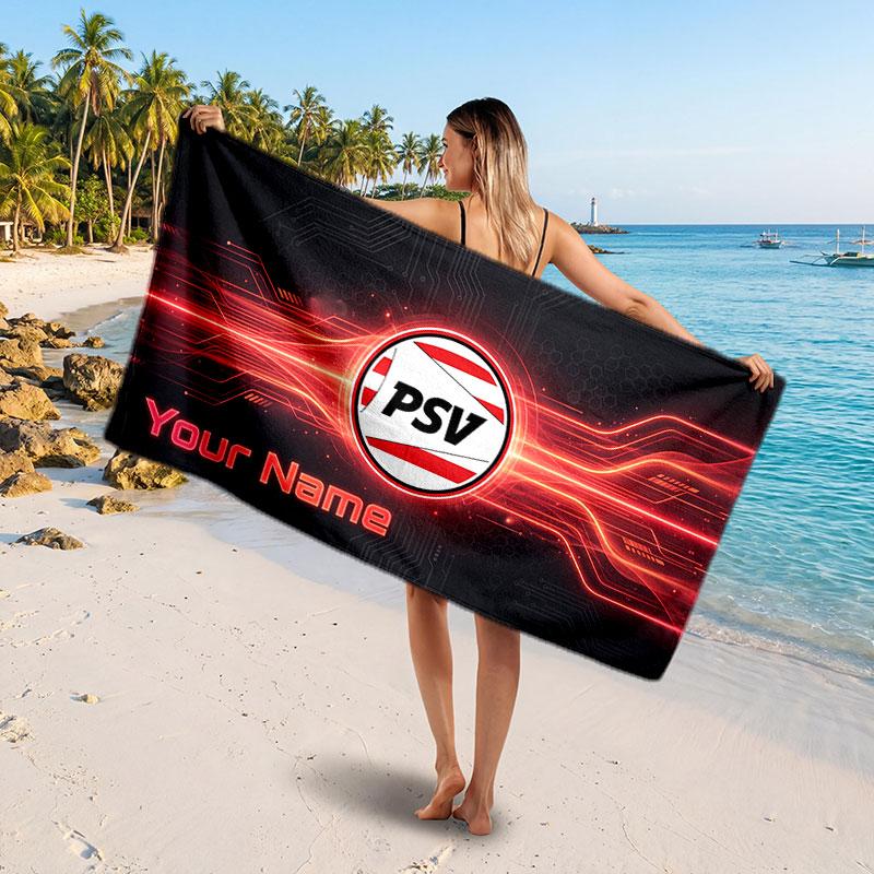 PSV Eindhoven FC Custom Beach Towel, Personalized Name Text Print, Football Logo Soft Quick‑Dry Towel Holiday Gift