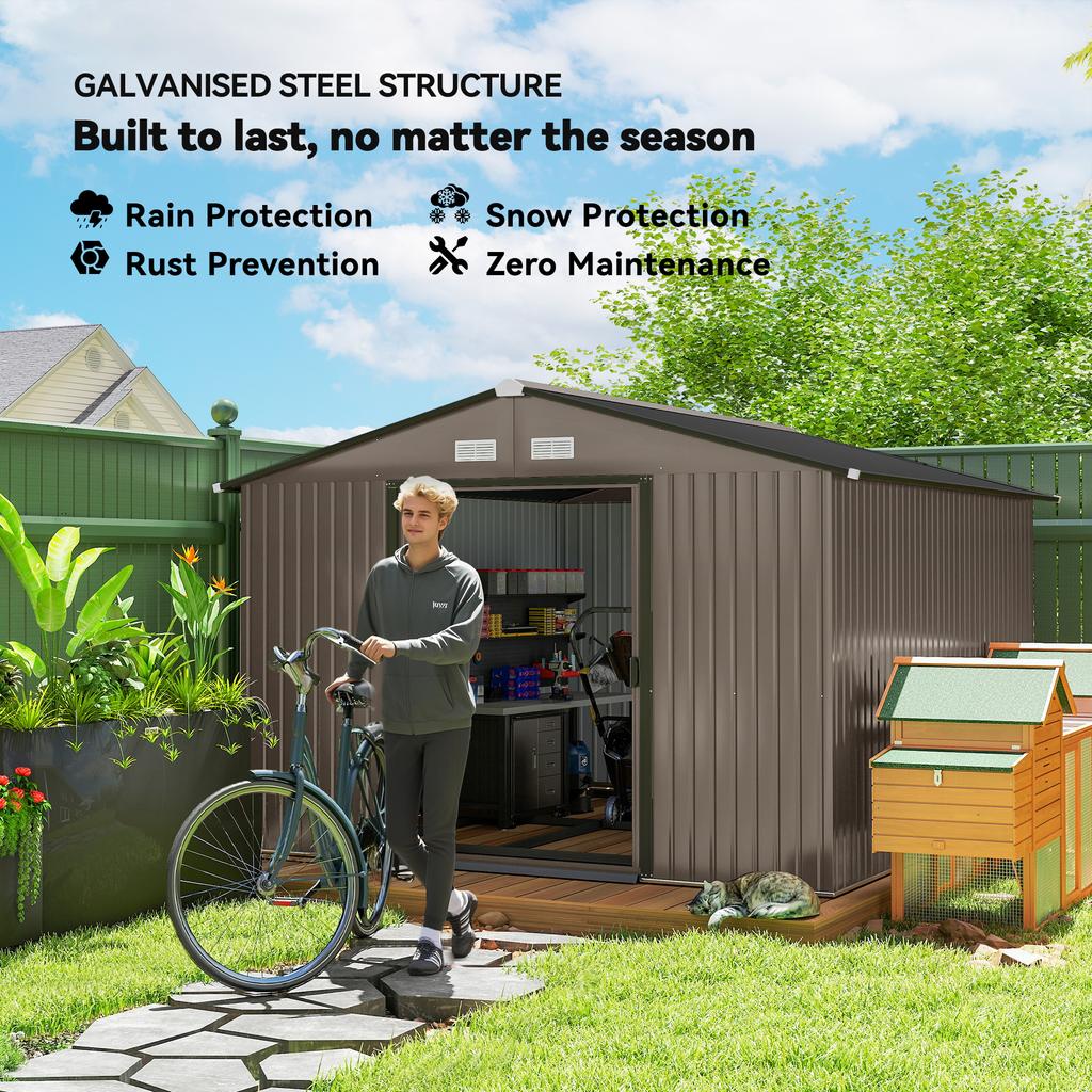 Garden Shed with 2 Sliding Doors and 4 Air Vents in Steel, 322x277x192 cm, Brown