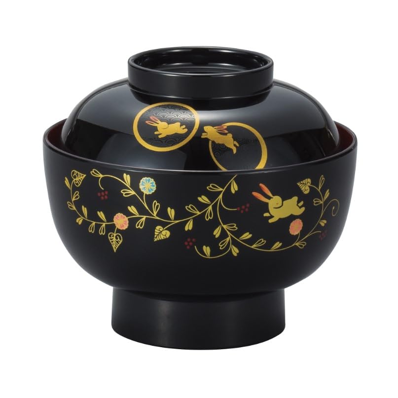Maeju lacquerware Чаша для Зои с узором «Кролик Арабеск», черная с красным интерьером, 3T-212