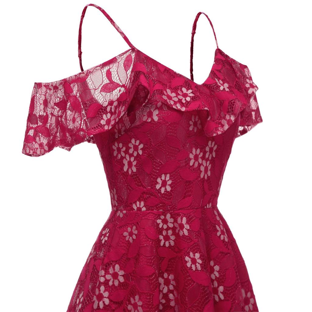 Deer Women's Floral Crochet Lace Ruffle Cold Shoulder Cami Strap Midi Bridesmaid Dress Wedding Evening Formal Party Cocktail Occasions Outfits