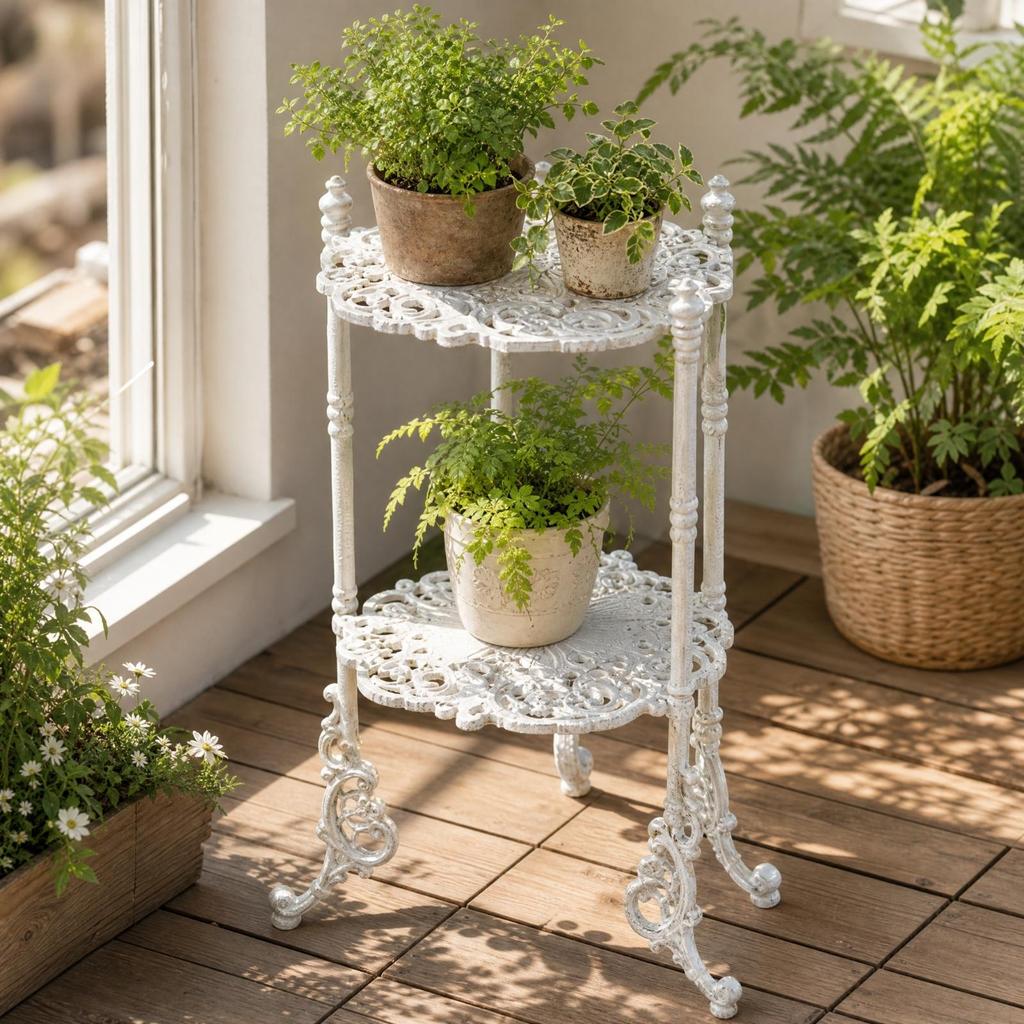 Ornate Metal Plant Stand with Scroll Detailing Stable for Balcony, Entryway