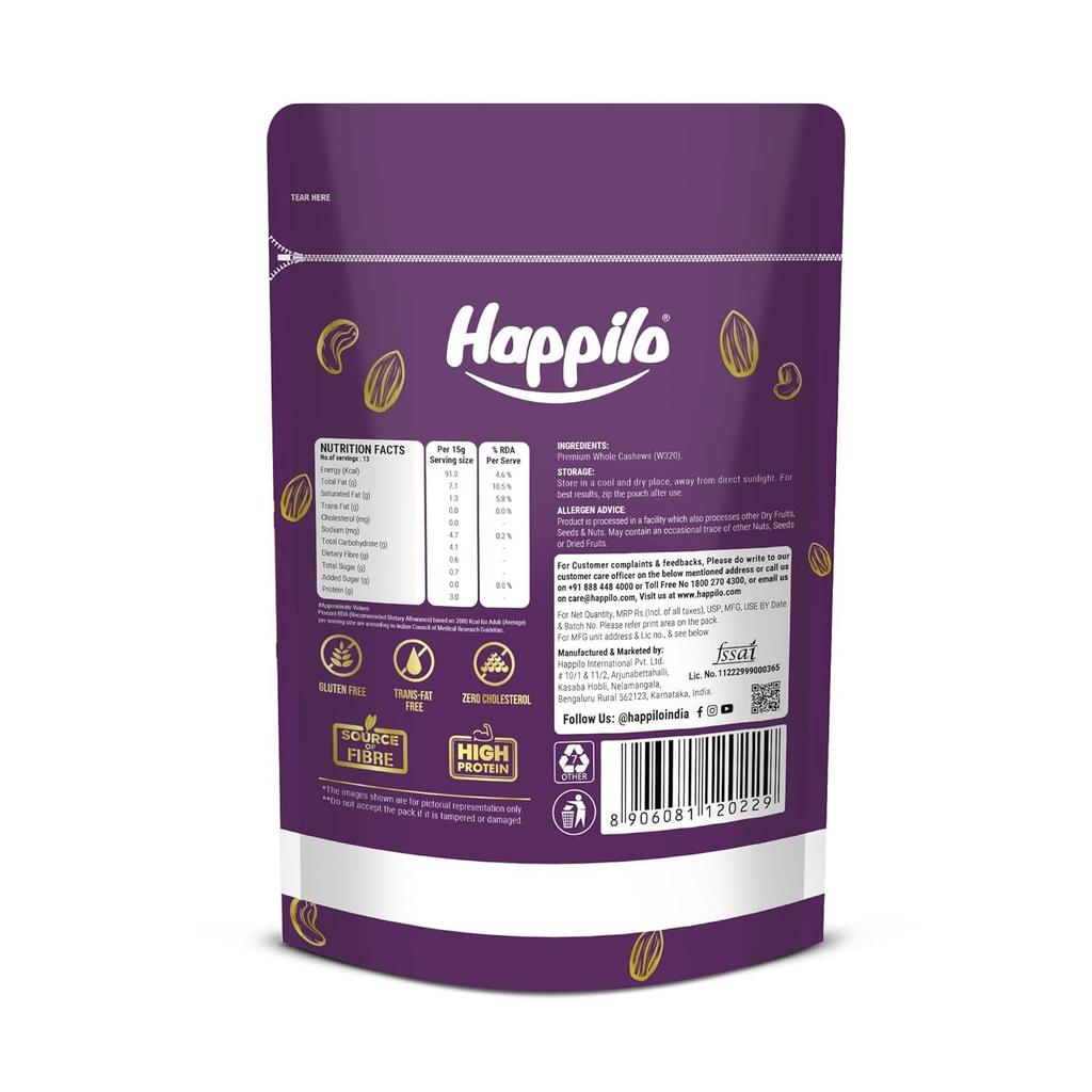 Кешью (200 г), 100% Natural Premium Whole Cashews, Happilo