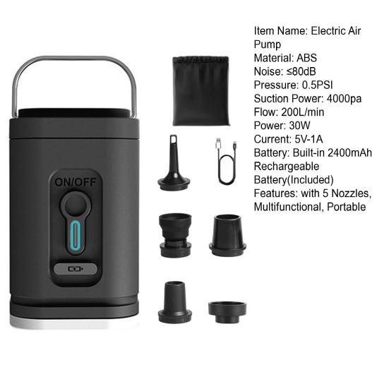 Mini Cordless Air Pump with 5 Nozzles Camping Light 2400mAh USB Inflatable Swimming Ring Float Air Mattress Bed Electric Inflator Deflator Pump