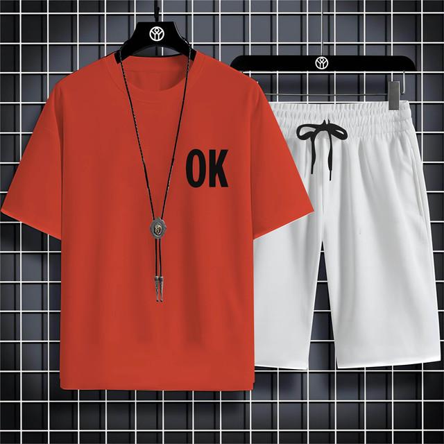 Four Seasons New Outdoor Sports Style 2d Letter Ok Printed Men'S O-Collar Comfortable Breathable Casual T-Shirt Set Quick Drying