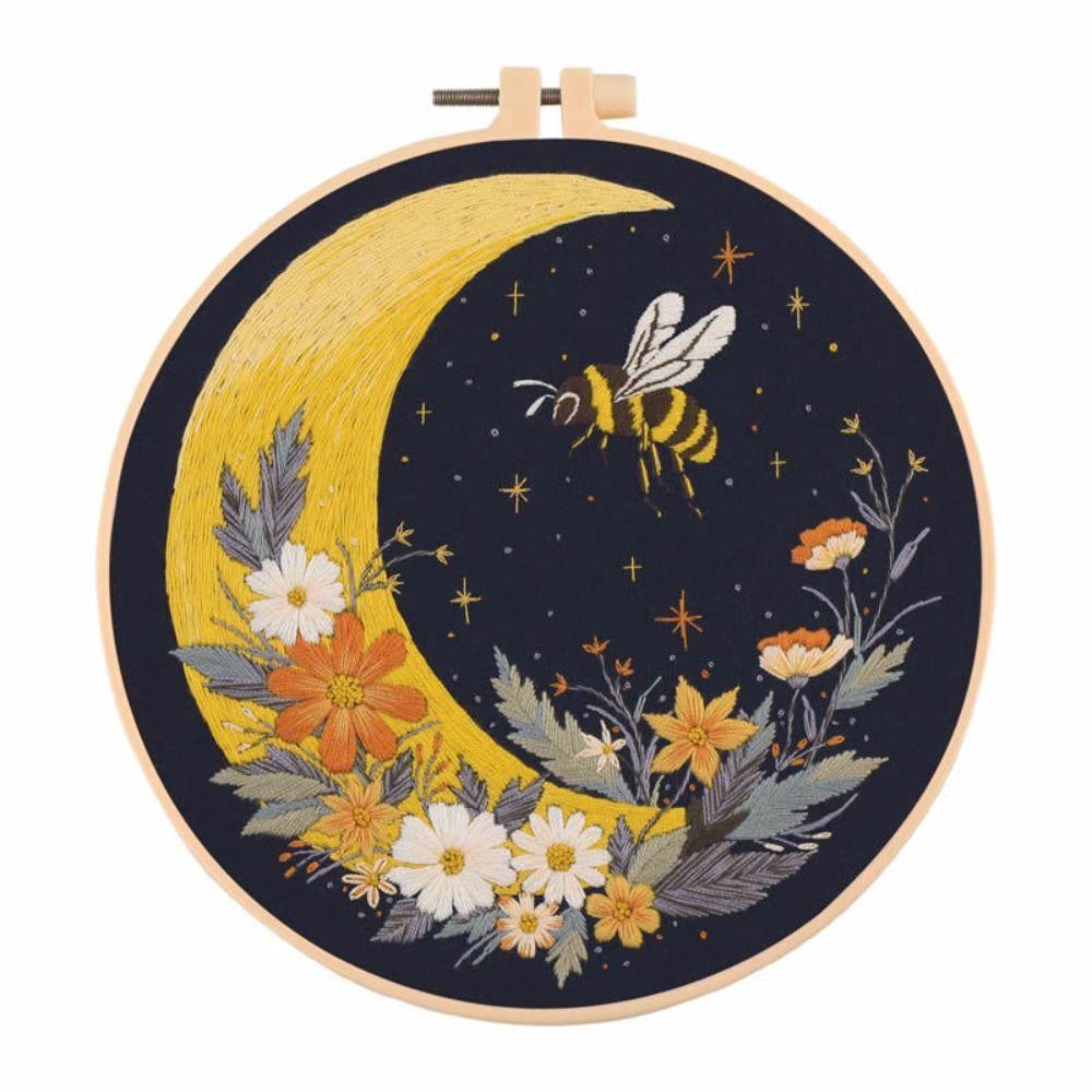 Stamped Pattern Embroidery Kit Bamboo Hoop Moth Embroidery DIY Embroidery Set  Craft Gift Idea