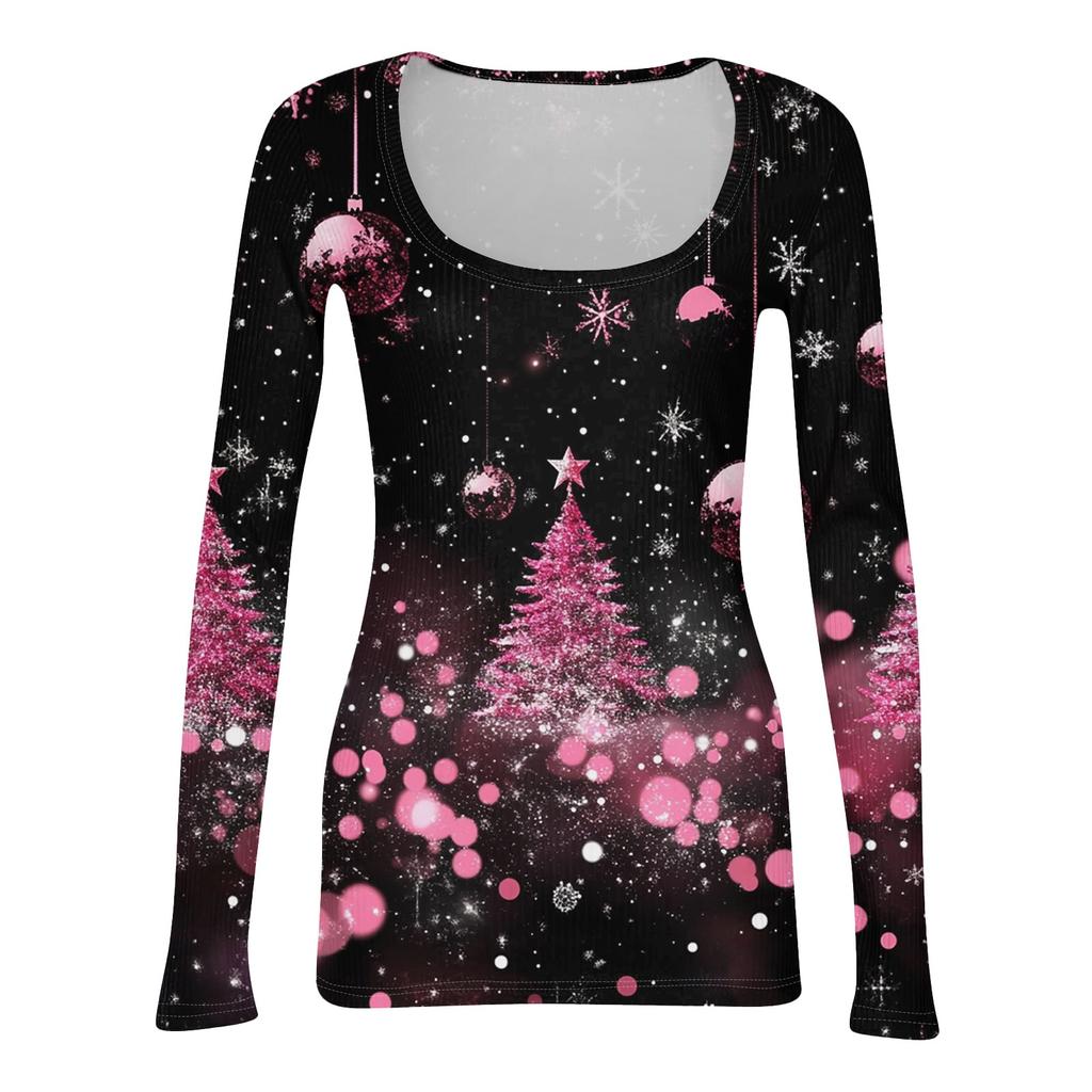 Женская мода Slim Bottom Casual с длинным рукавом и рождественским принтом пуловер с U-образным вырезом