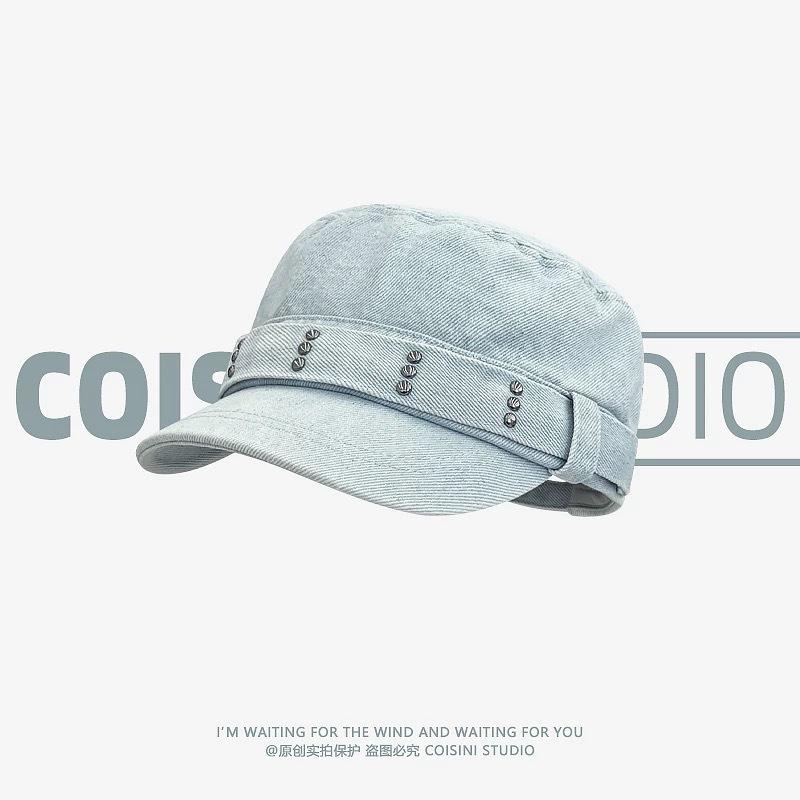 New autumn and winter retro denim flat-top cap washed and old versatile face niche rivet big head circumference hat