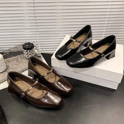 Туфли-лодочки с квадратным носком 2025 осень не устают ноги толстый каблук металл мелкий вырез Мэри Джейн маленькие кожаные туфли женская обувь легкая роскошь высокое чувство