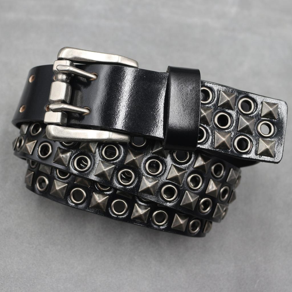 Design Punk Car Eye Hollow Rivet Men's Real Cowhide Belt Nightclub Women's Double Pin Buckle Belt