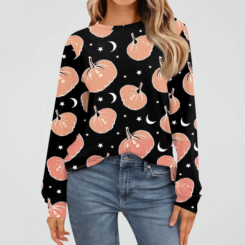 Women's Fashion Long Sleeve Shirts Loose Fitted Crewneck Basic Halloween Print Tops Casual Outfits