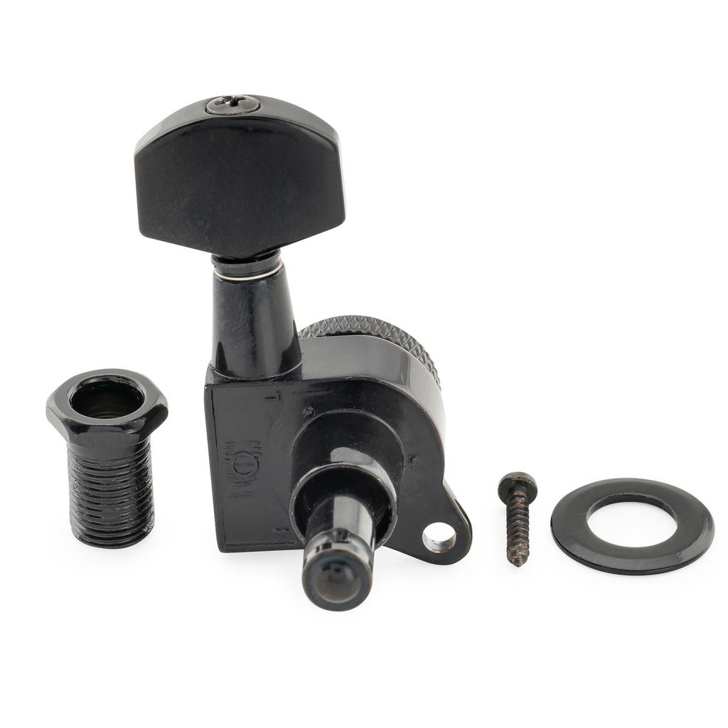 Колки Musiclily Pro с фиксацией, с шестерней, шестигранником и винтами для и электрогитары, черные, левосторонние, 6 штук, передаточное число 18:1, кнопки, 45-градусный Strat,