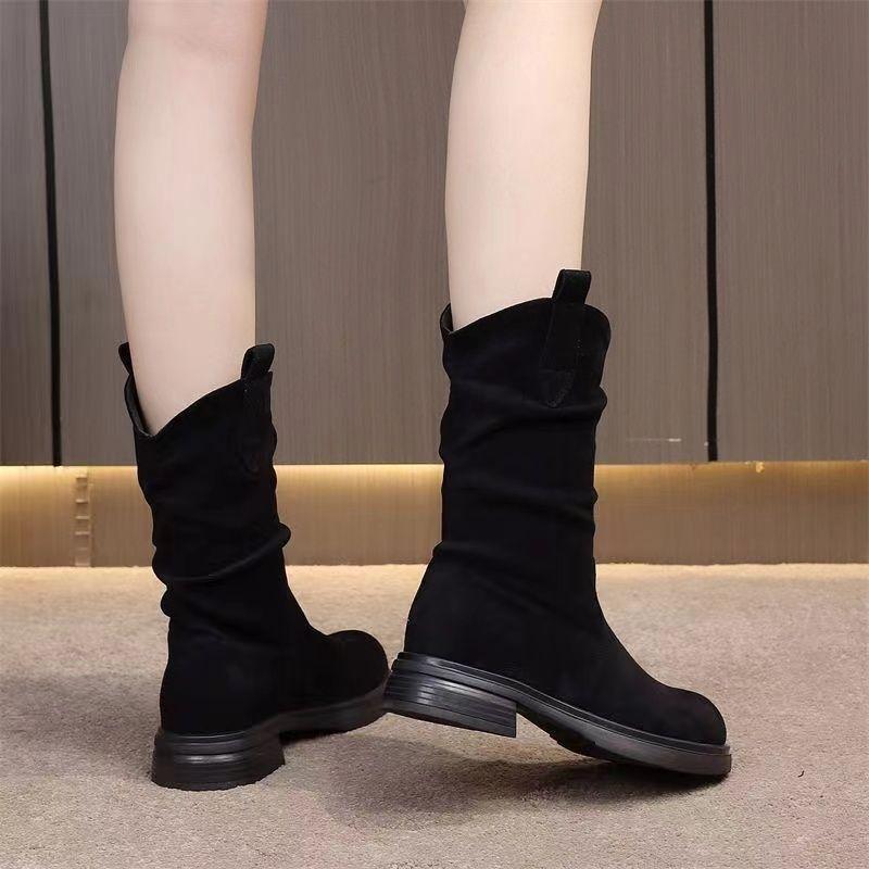 Fashion Black Round Toe Elegant with Low Heels Women's Half High Boots Autumn Winter Cosplay Fashion 2025 Sale New Ladies Mid Calf Shoes