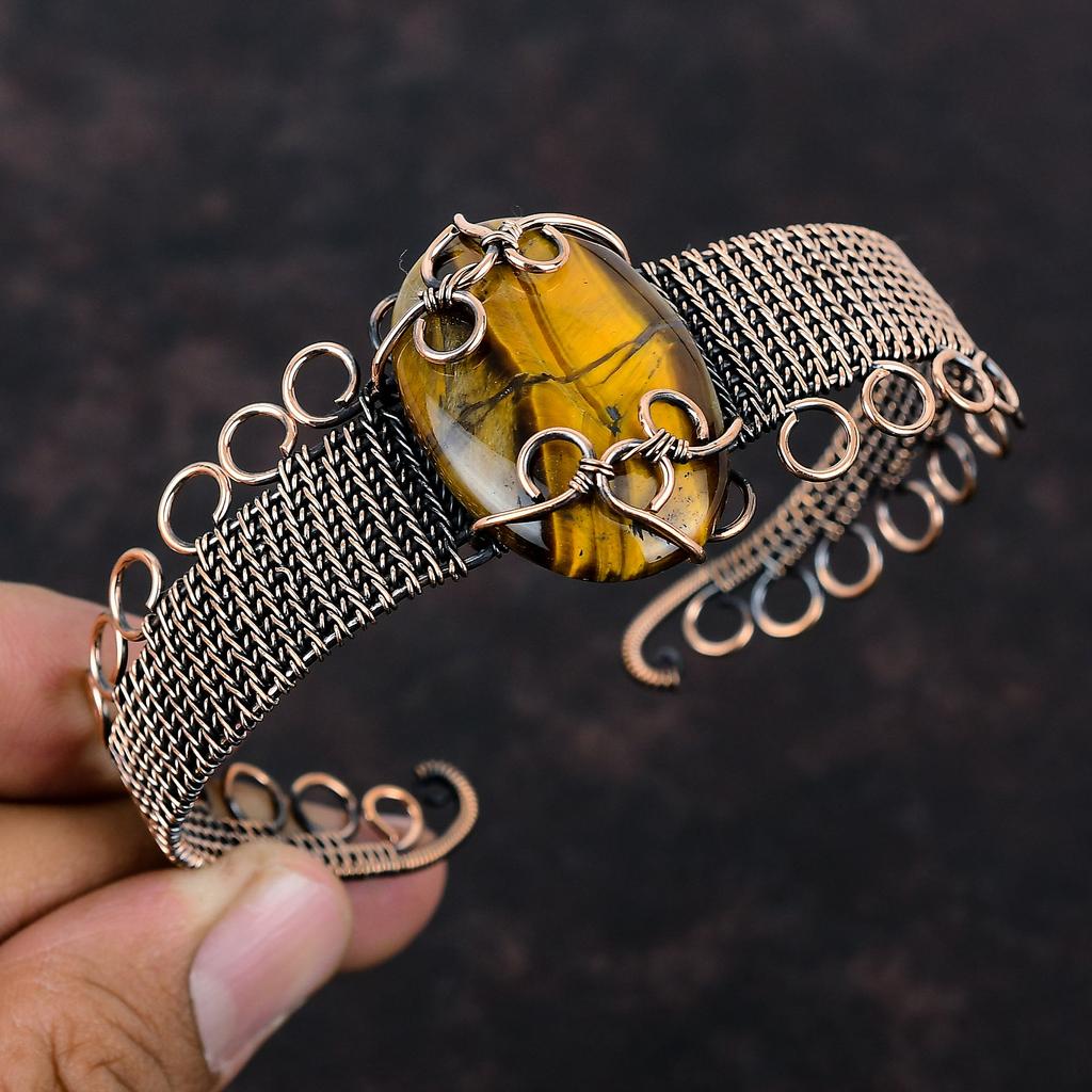 Браслет-манжета с драгоценным камнем тигровый глаз, регулируемый браслет-манжета с медной проволокой, уникальный браслет ручной работы, подарок для нее, ювелирные изделия с медной проволокой