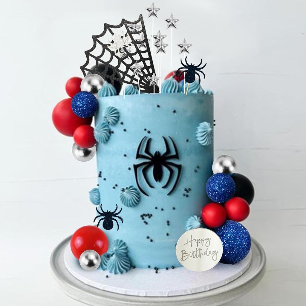 Spider Theme Cake Decor Glitter Spider Birthday Toppers Star Red Silver Blue Balls Cupcake Topper for Boys Men Baby Shower Party