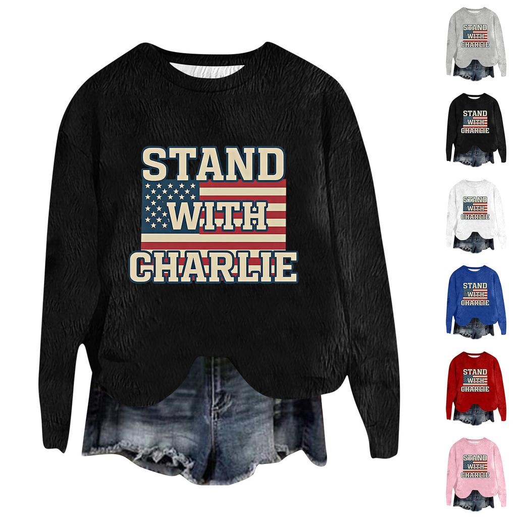 Women's Fashion Round Neck Pullover Top Long Sleeve Tee Printed Sweatshirt