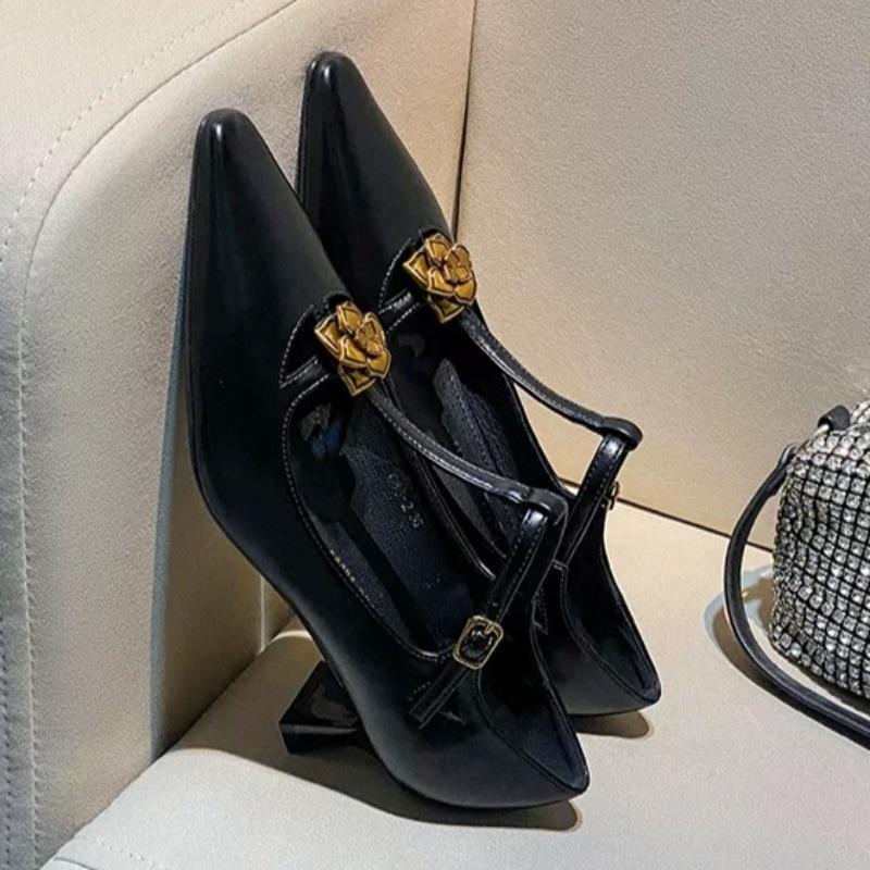 Fashion Autumn New Thin Heel Single Shoes Women's Pointed Head Shallow Mouth Metal Flower Anti-slip Wear-resistant Low-top Shoes