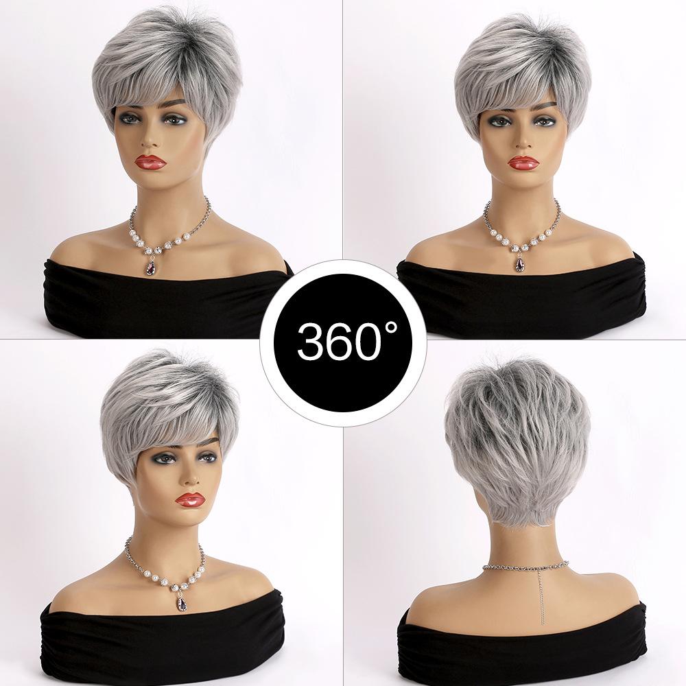 European and American Style Women Synthetic Fiber Short Straight Wig Elderly Women's Daily Use Natural Looking Mixed Gray Wig with Bangs