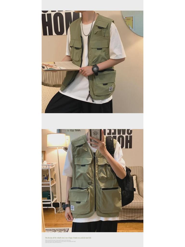 Men's Korean Style Multi-Pocket Workwear Vest - Trendy, Loose, and Sleeveless Summer Waistcoat