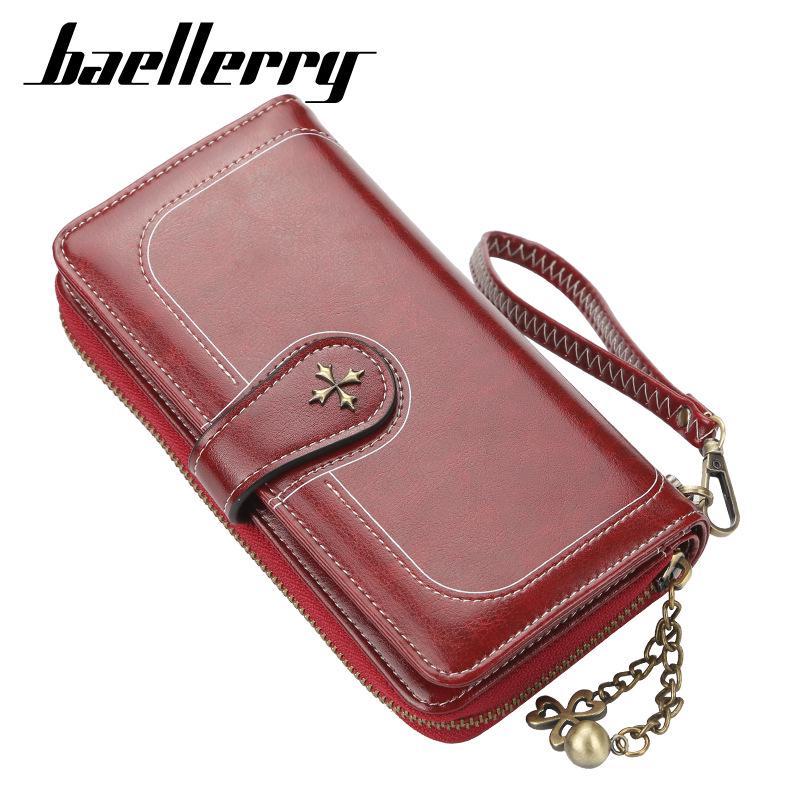 Baellerry Women's Four Leaf Clover Long Purse Multifunctional Wallet Pu Leather Card Holder Snap Button Billfold Fashion Cell Phone Bag with Lanyard