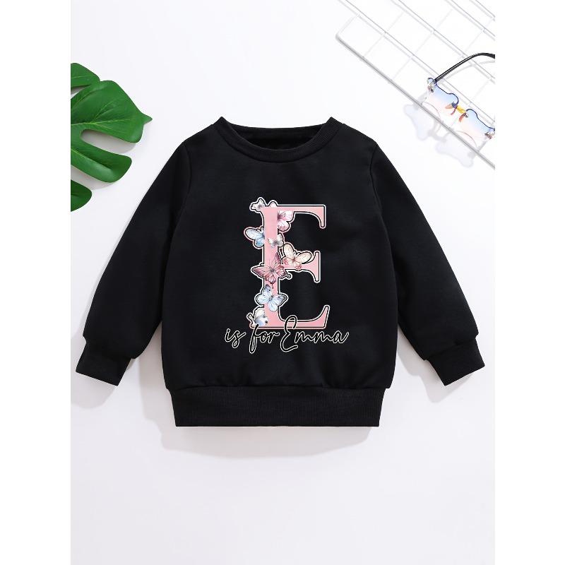 European sizes Customized Children'S Round-Neck Sweatshirt, Pink Butterfly Letter Shirt, Initial Personalized Sweatshirt, Kids' Round-Neck Sweatshirt