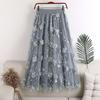 Fashion Elastic Waist Appliques Embroidery Floral Mesh Skirt Casual Flower Midi Skirt for Women High Waist Summer Korean