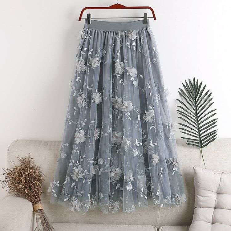 Fashion Elastic Waist Appliques Embroidery Floral Mesh Skirt Casual Flower Midi Skirt for Women High Waist Summer Korean
