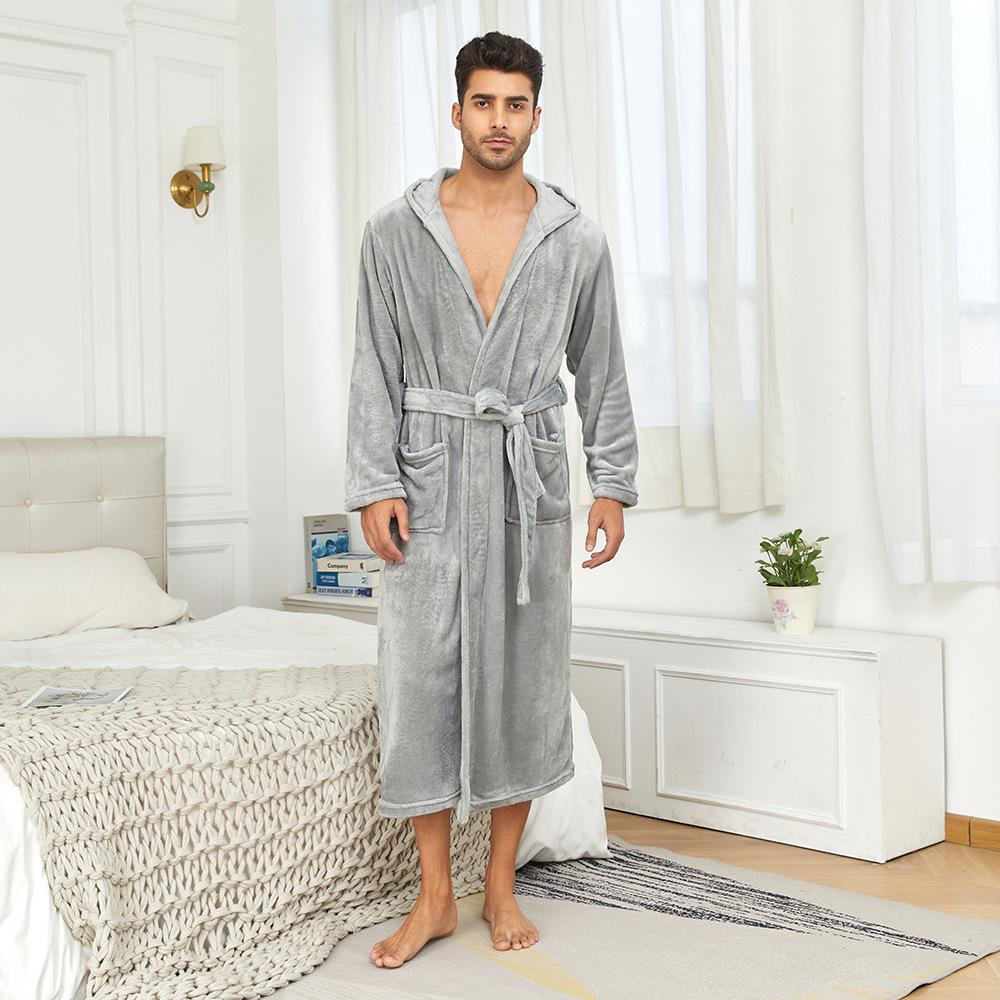 Hooded Robes for Men Full Length Spa Bathrobes Soft House Sleepwear Coat with Hood and Pockets Men's Winter Warm Plush Fleece Robe Hooded Fluffy Robes