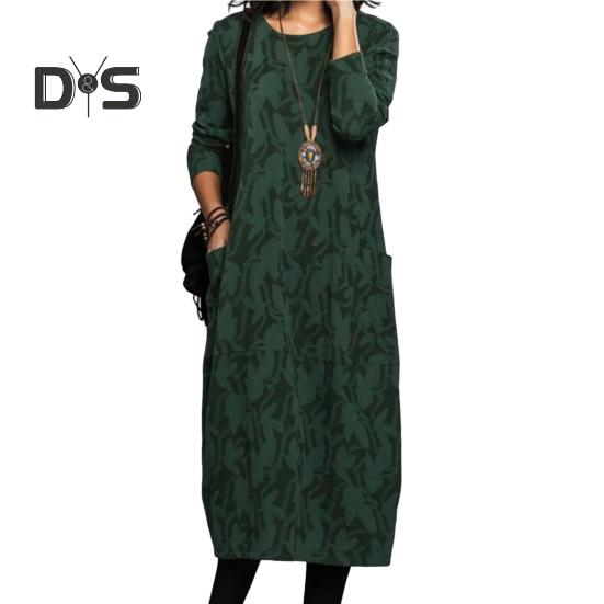 Женское платье весна-осень с круглым вырезом, длинными рукавами и боковыми карманами, свободное платье-миди длиной до середины икры с цветочным принтом для повседневной носки и поездок на работу