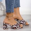 2024 Leopard Print Slippers Women Open Toe Women Slippers Chunky Heels Square Toe High Heels Slides Party Shoes Woman