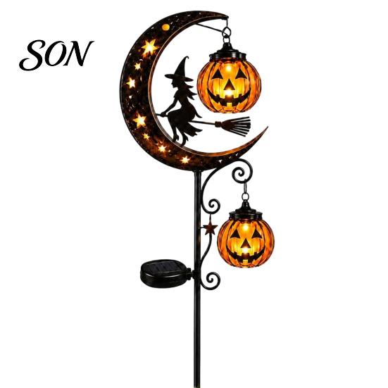 Outdoor Decorative Metal Stakes Solar Halloween White Ghost Pumpkin Moon Garden Stake Light, Waterproof LED Crescent Cat Lanterns Yard