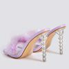 Liyke странный стиль, прозрачные тапочки на высоком каблуке, модные фиолетовые летние сандалии с мехом и перьями, обувь с открытым носком, женские шлепанцы