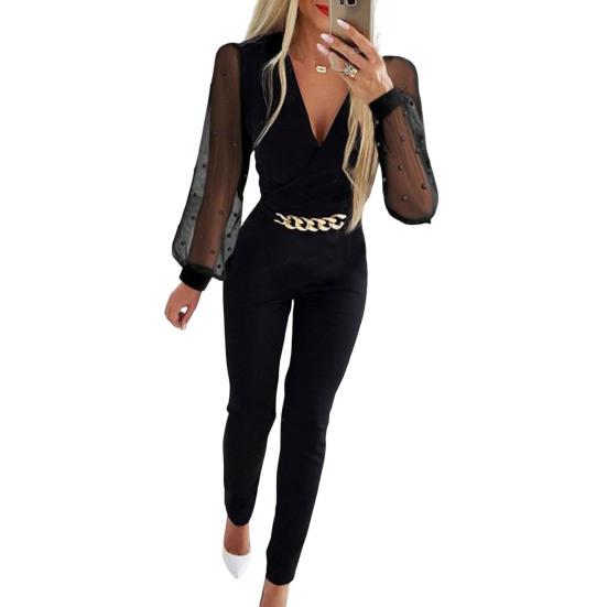 Женский комбинезон с аппликацией в виде розы, прозрачная сетка, декор в виде цепочки, приталенный, с V-образным вырезом, с высокой талией, однотонный