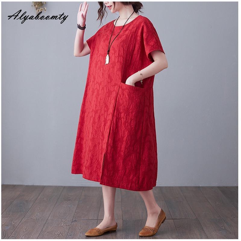 Плюс Размер Лето Женское Однотонное Платье А-силуэта Короткое Платье С О-образным Вырезом Красное Темно-синее Черное Зеленое Платье С Разрезом Жаккардовое Хлопковое Свободное Платье С Карманом