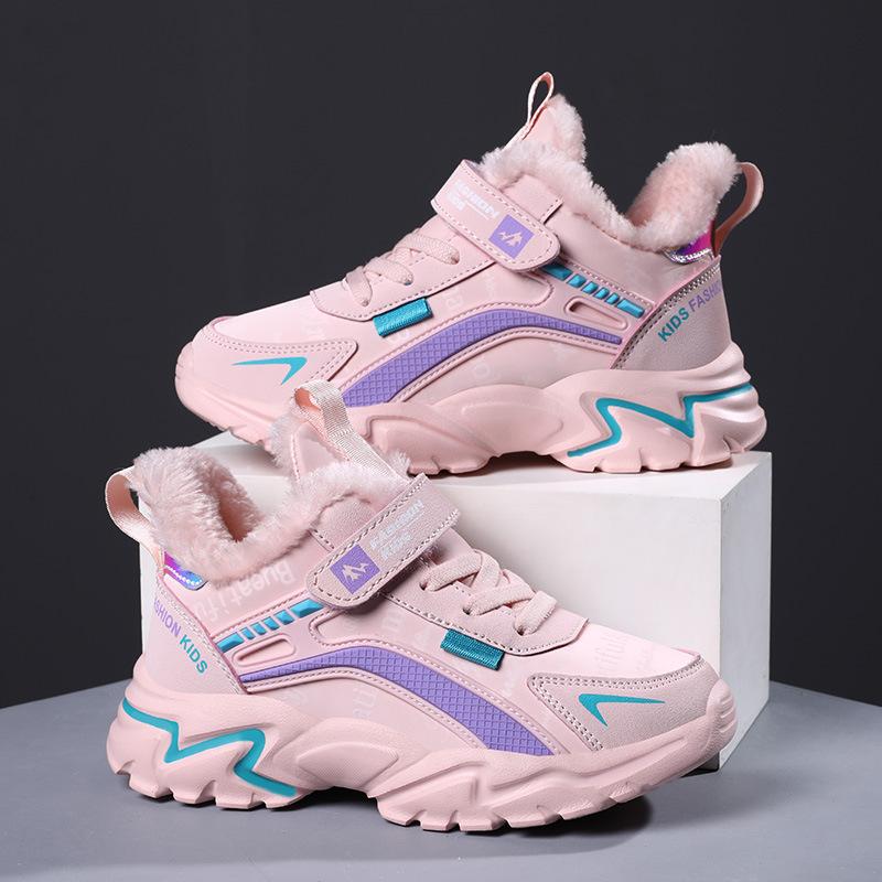 Плюшевая теплая детская повседневная обувь, непромокаемые кожаные детские кроссовки, спортивная розовая обувь для бега для девочек, кроссовки