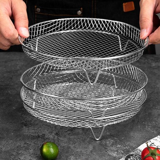 3-Layer Square Round Rectangle Air Fryer Rack Set Stainless Steel Dehydrator Rack with 4 Silicone Feet Anti-Scald