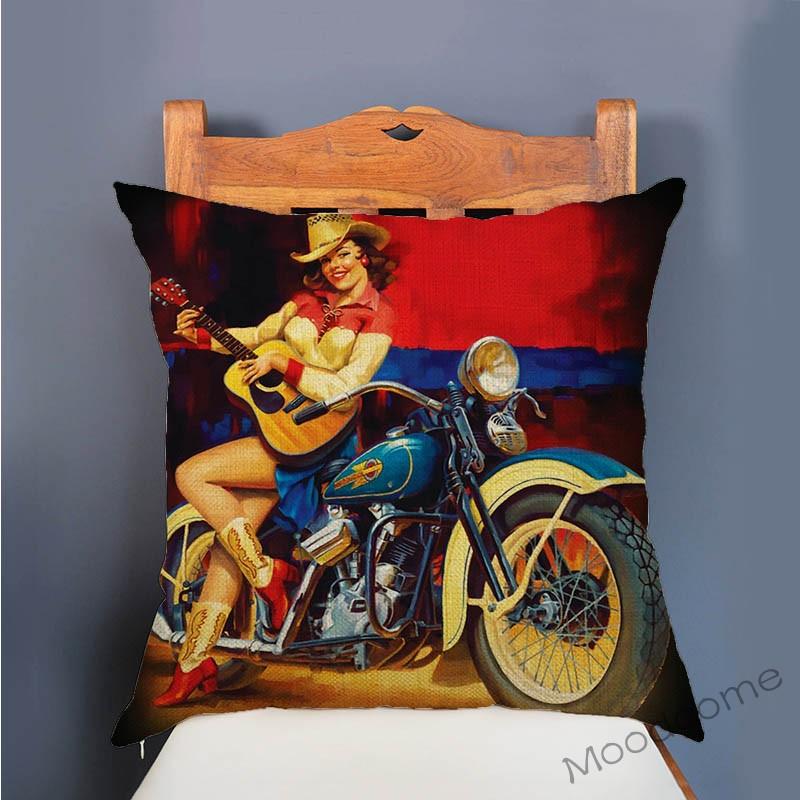 Chopper Girl Vintage Sexy Motorcycle Girls Poster Art Decor Throw Pillow Case Car Pillows Retro Motorbike Biker Cushion Cover