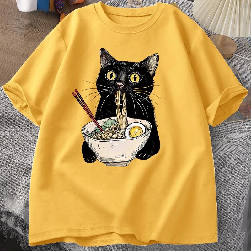 Футболка с изображением лапши Ramen Cat, футболки Foodie Lover, черные футболки с изображением лапши Cat, повседневная футболка с коротким рукавом в стиле ретро для мужчин и женщин, одежда