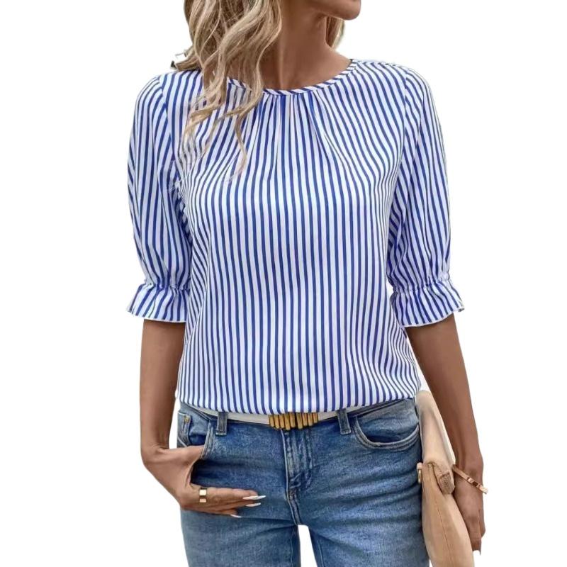 New Fashion Summer Women's Clothing, Blue Striped Button-down Shirt