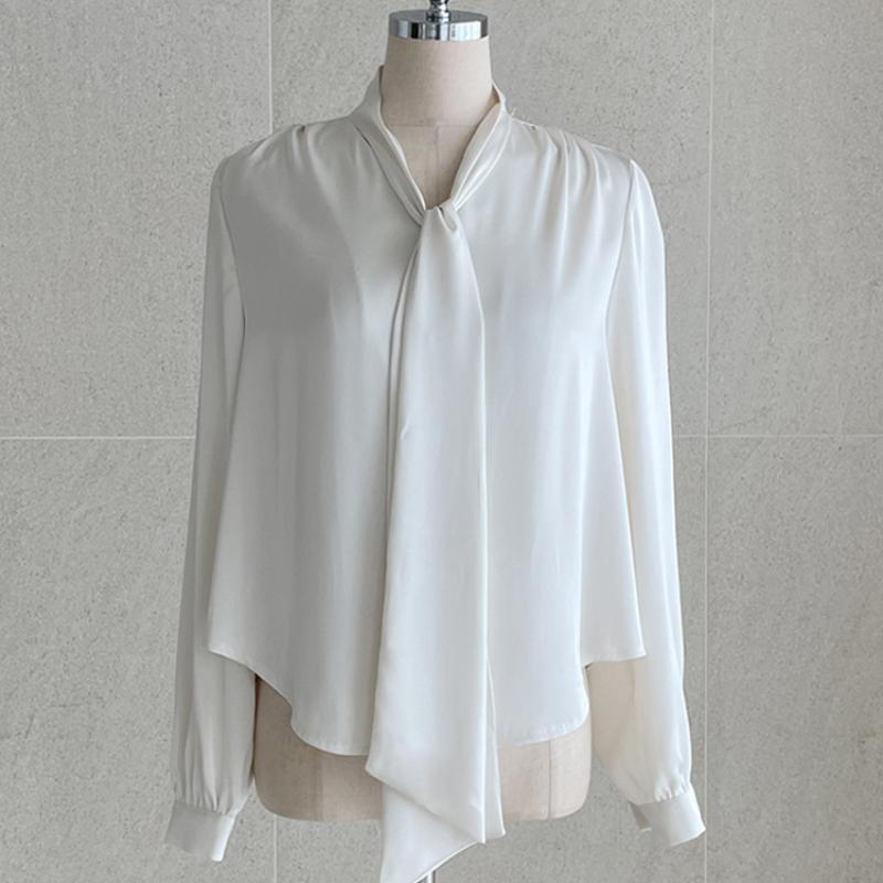 Fashion Long Sleeve Casual Shirt Women Spring and Summer Bow V-neck Solid Button Up Loose Blouses Women Elegant Simple Office Shirt Chic Tops 26436