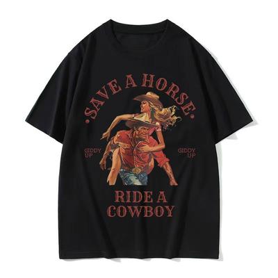 Save A Horse Ride A Cowboy Принт Футболка Унисекс Женская Харадзюку Мода Винтажная Футболки с Круглым Вырезом Повседневная Чистый Хлопок С Коротким Рукавом Топ