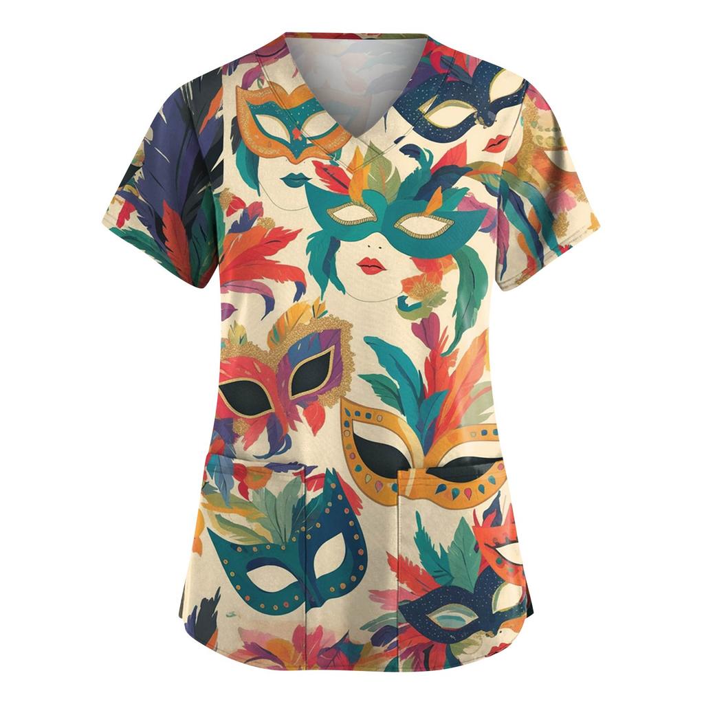 Женская модная рабочая одежда с V-образным вырезом и короткими рукавами, с карманами, топ с карнавальным принтом, униформа для сиделки