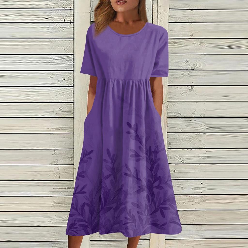 Жен. Повседневные платья Платья с принтами Летние платья С принтами Плиссированные платья-миди с круглым вырезом Классический Классический На открытом воздухе Повседневные С короткими рукавами Свободные платья
