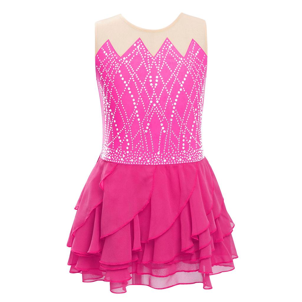 Платье для фигурного катания для девочек, круглый вырез, без рукавов, блестящие стразы, многоярусная юбка с оборками, танцевальный костюм для соревнований