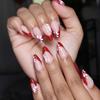 Almond Shaped Red French Tip Floral Print Reusable False Nails